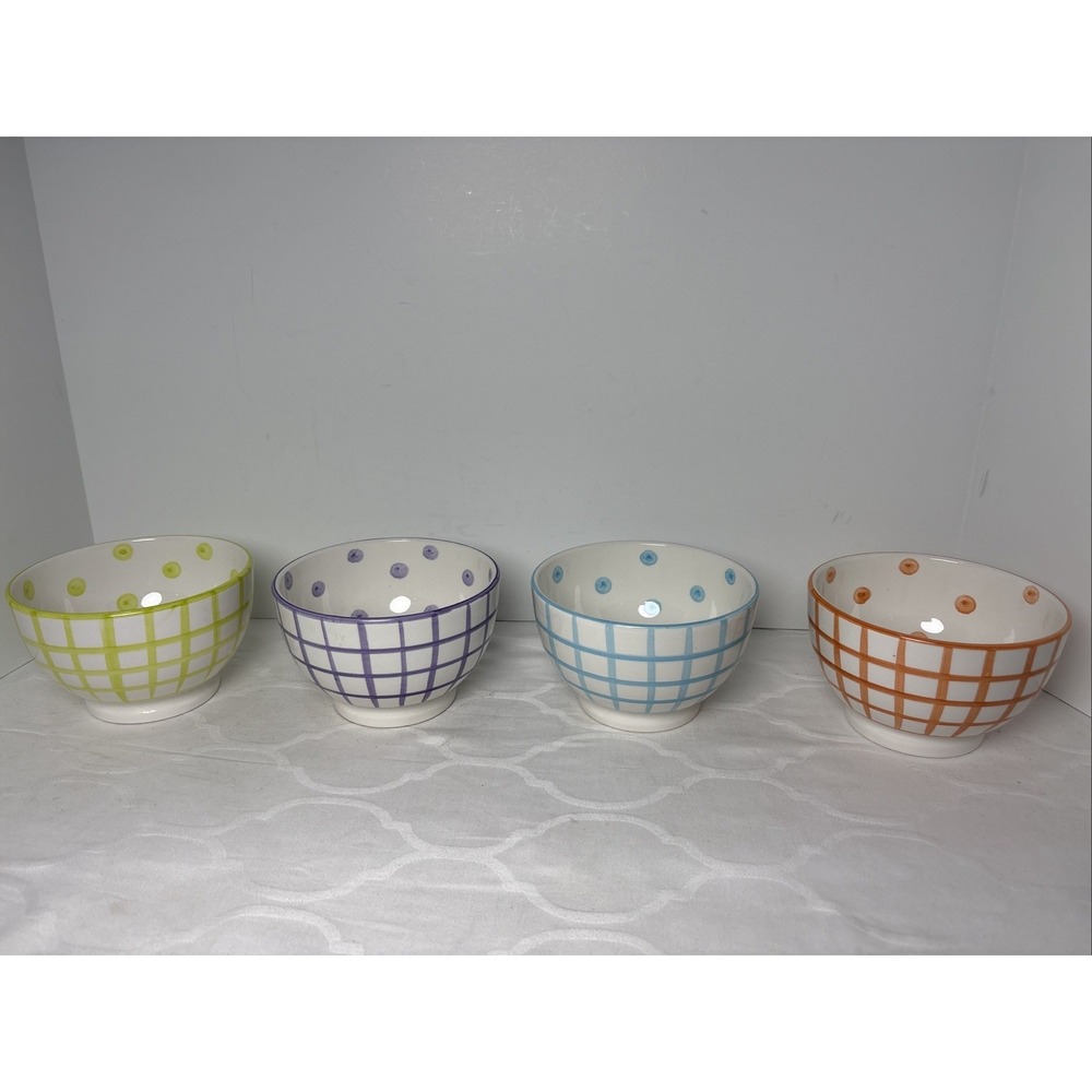 4 Vintage Smucker's Ice Cream Bowls Plaid Polka Dots Multi Color Ceramic Rare